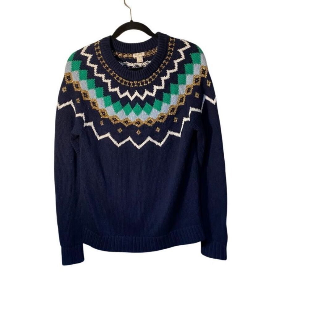 J.Crew women’s Lurex fair isle wool blend knit navy sweater, Med